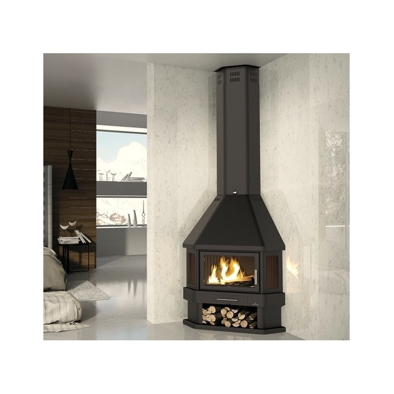 Cheminée d'Angle à bois Lorca R 3 Vitres Bronpi 14 kW