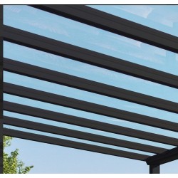 Stockholmer Wandpergola 3,5 x 6,6 m Aluminium Anthrazitgrau und Canopiaonate Canopia transparentes Dach