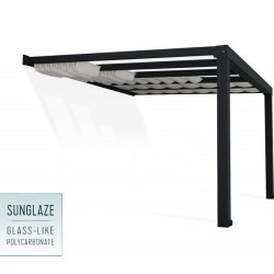 Stockholm 3,5 x 3,7 m Aluminium-Wandpergola, Anthrazitgrau und transparentes Canopia-Dach
