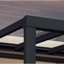 Stockholm 3,5 x 3,7 m Aluminium-Wandpergola, Anthrazitgrau und transparentes Canopia-Dach